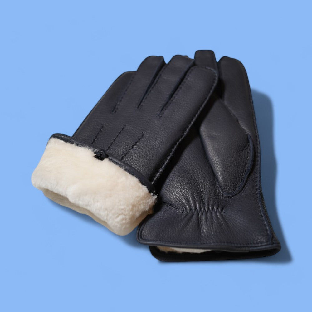 Lederhandschuhe für Herren, Hirschleder, Lammfellfutter #farbe_marineblau