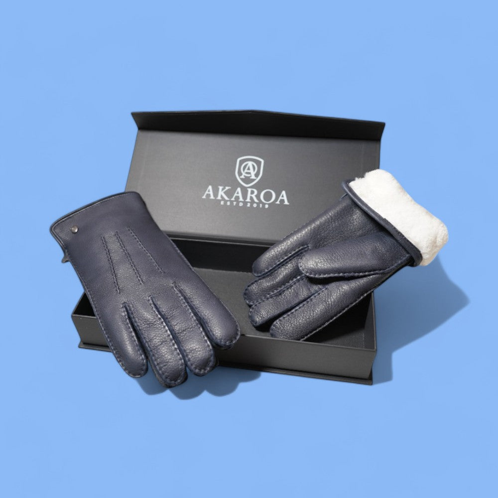 Lederhandschuhe für Herren, Hirschleder, Lammfellfutter #farbe_marineblau
